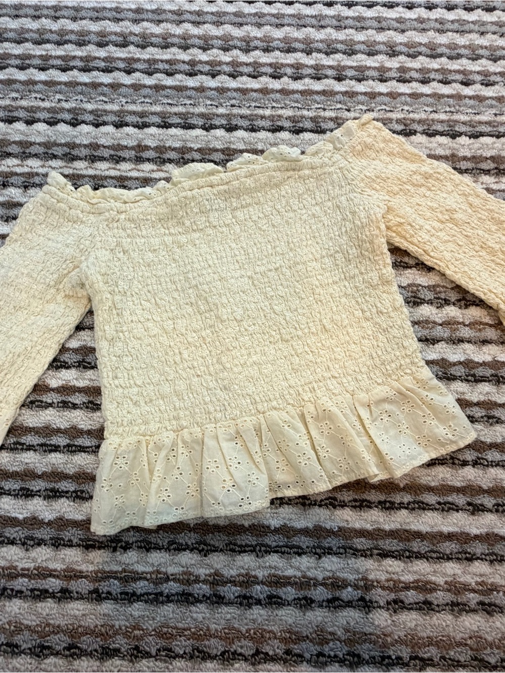 American Eagle Outfitters Cream Smocked Off-Shoulder Ruffle Top